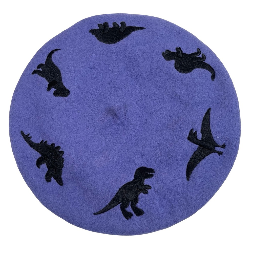 Dinosaur Embroidered Beret Women Purple Wool T-Rex Stegosaurus Hat‎ Twee Novelty